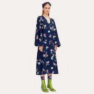 Stine Goya Rosen Floral A-Line Midi Dress in Navy Multi